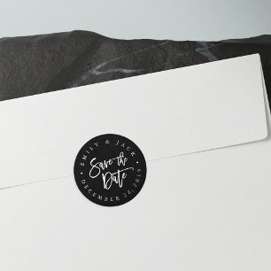 Black   Modern Brush Lettered Save the Date Classic Round Sticker