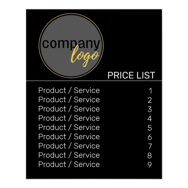 BLACK MODERN BUSINESS LOGO PRICE LIST TEMPLATE POSTER (Front)