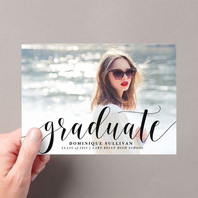Black Modern Calligraphy Photo Graduation Acrylic Invitations (Insitu (Handheld))