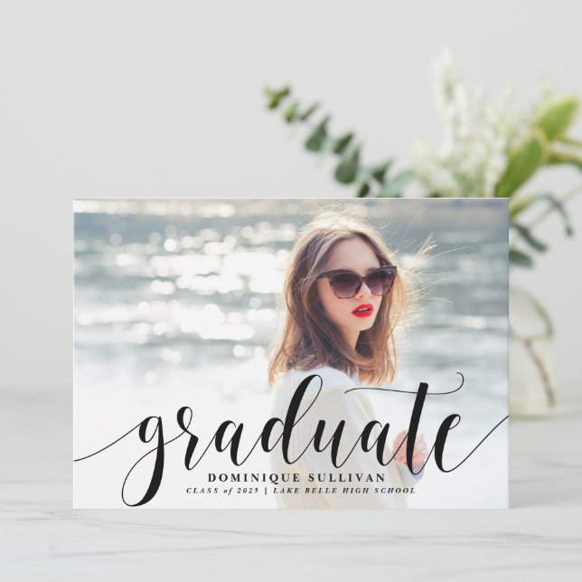 Black Modern Calligraphy Photo Graduation Announcement (Standing Front)
