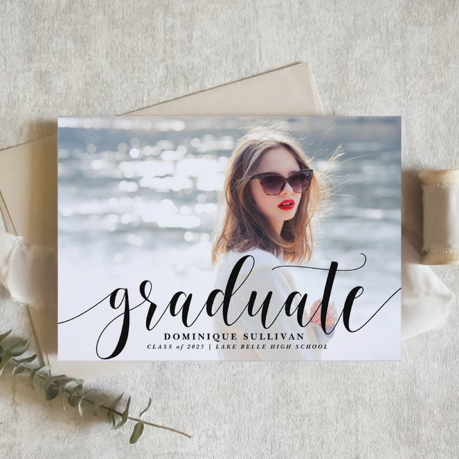 Black Modern Calligraphy Photo Graduation Invitation (Personalized Photo Graduation Invitation with Black Modern Calligraphy – Customizable Photo)