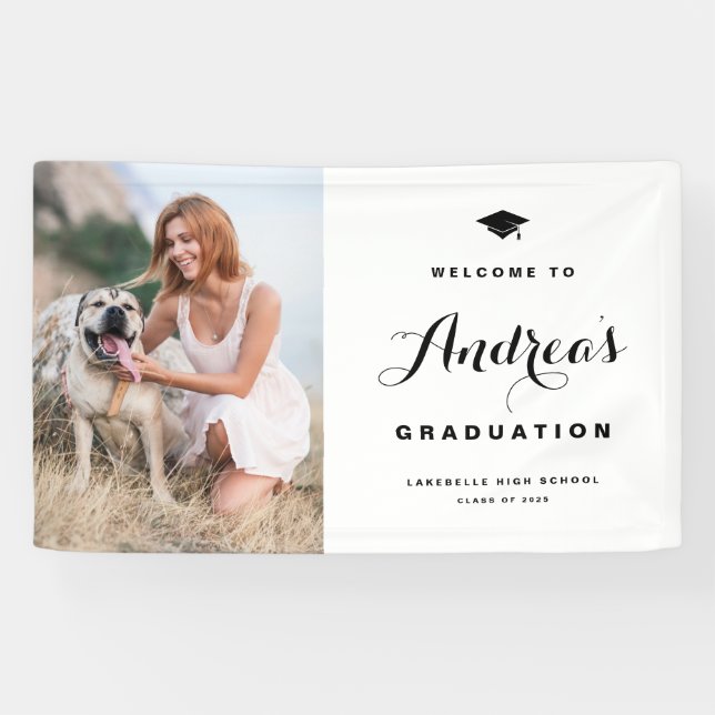 Black Modern Calligraphy Photo Graduation Welcome Banner (Horizontal)