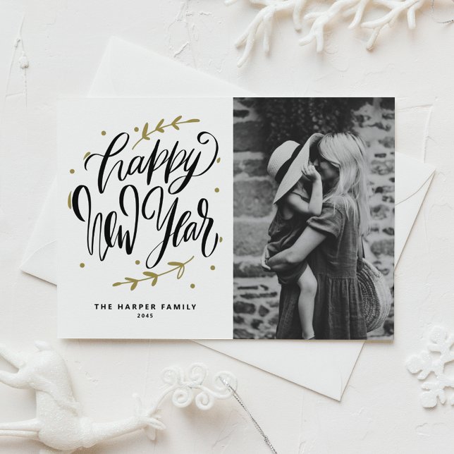 Black Modern Calligraphy Photo Happy New Year Holiday Postcard (Send New Year greetings with this customizable photo Happy New Year postcard.)