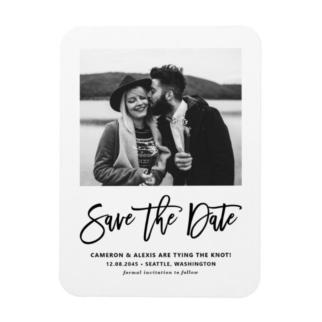 Black Modern Calligraphy Photo Save the Date Magnet (Vertical)