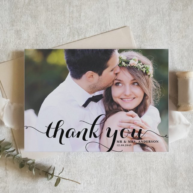 Black Modern Calligraphy Photo Wedding Thank You Card (Creator Uploaded)