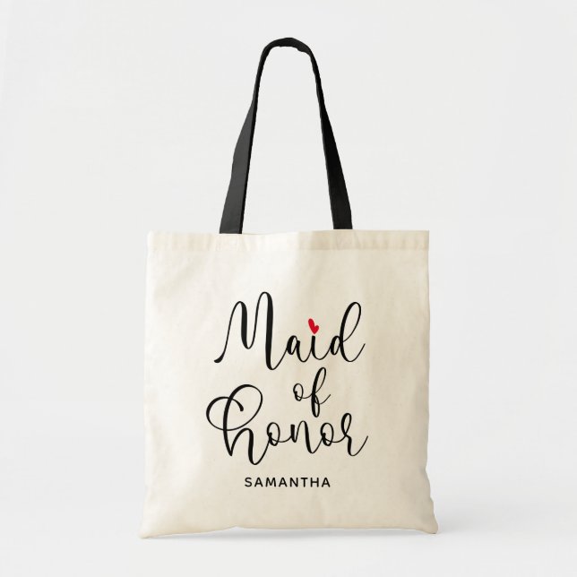 Black Modern Calligraphy Red Heart Maid of Honour Tote Bag (Front)