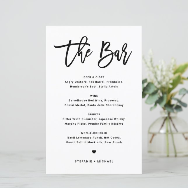 Black Modern Calligraphy Wedding Bar Menu Card (Standing Front)