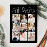 Black Modern Christmas 9 Photo Collage Holiday Card<br><div class="desc">Modern Christmas photo card featuring "Merry Christmas" displayed at the top of the design in trendy white lettering with a black background. A photo collage of 9 photos is shown below in a grid-style layout. Personalise the multi-photo Christmas card with your family name. The card reverses to display a black...</div>