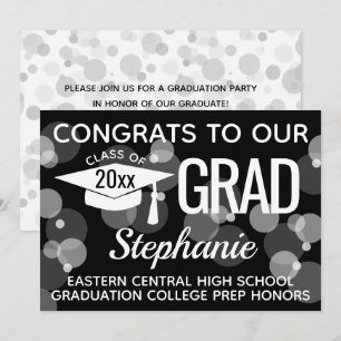 Black Modern Confetti Bokeh Bubbles Graduation Invitation