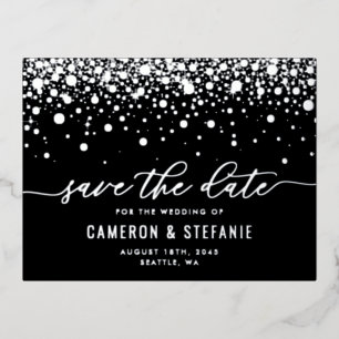 Black Modern Confetti Silver Foil Save the Date Foil Invitation Postcard