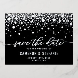 Black Modern Confetti Silver Foil Save the Date Invitation Postcard