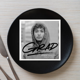 Black Modern Dashed Grad Photo Graduation Napkin