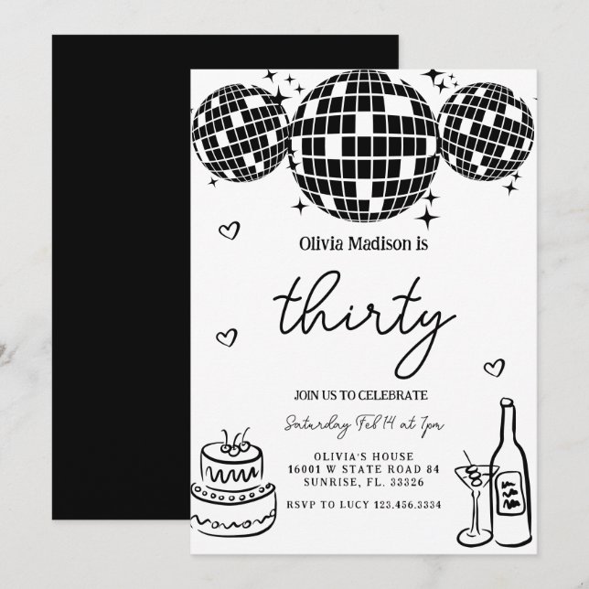 Black Modern Disco Ball 30rd Birthday Party Invitation (Front/Back)