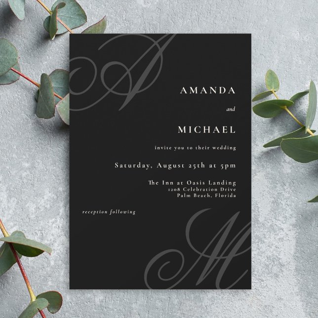 Black Modern Edge Elegant Minimal Monogram Wedding Invitation (A simple elegant wedding invitation with calligraphy monogram initials along the edges.)