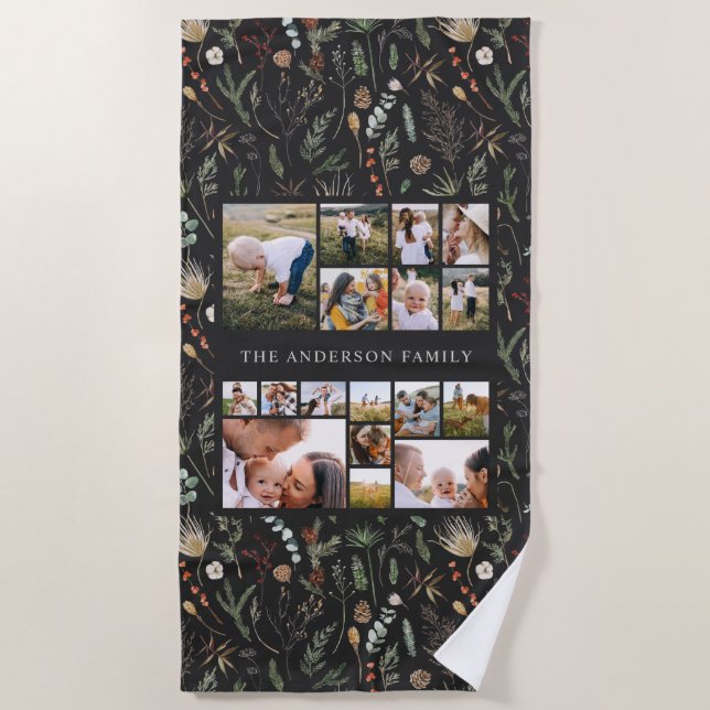 black modern elegant 17 photo botanical pampas beach towel (Front)