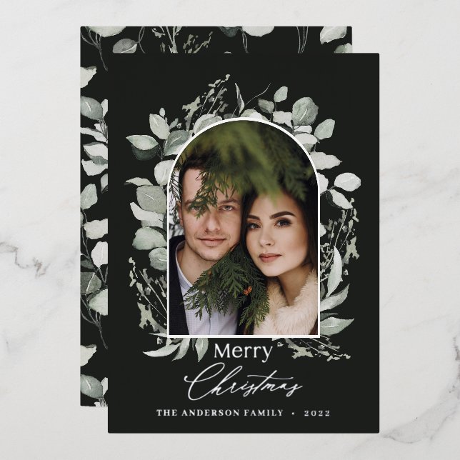 Black modern elegant eucalyptus green arch photo foil holiday card (Front/Back)