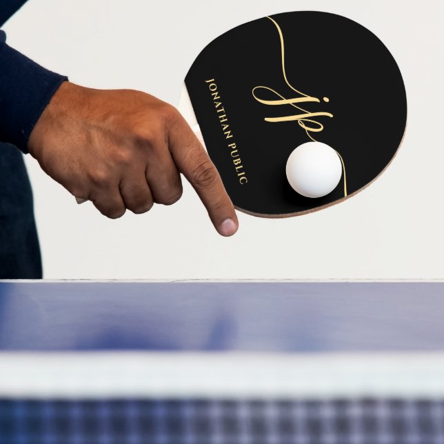 Black Modern Elegant Gold Name Initial Monogram Ping Pong Paddle (Insitu)