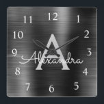 Black Modern Elegant Metallic Monogram Name Square Wall Clock<br><div class="desc">Modern and Elegant Black Faux Stainless Steel Foil Monogram Name and Initial Personalised Custom Wall Clock. The Wall Clock makes the perfect gift for someone who loves trendy chic metallic decor to give as a Christmas or Birthday Gift.</div>