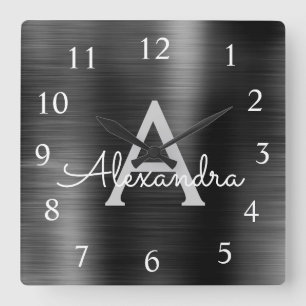 Black Modern Elegant Metallic Monogram Name Square Wall Clock