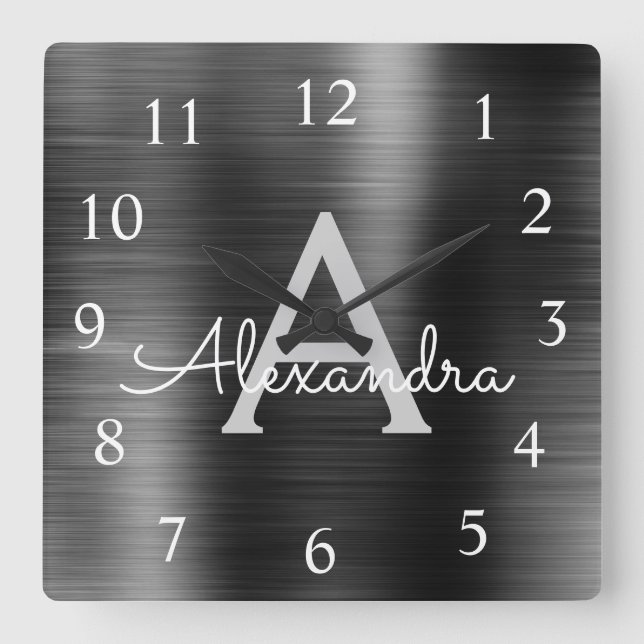 Black Modern Elegant Metallic Monogram Name Square Wall Clock (Front)