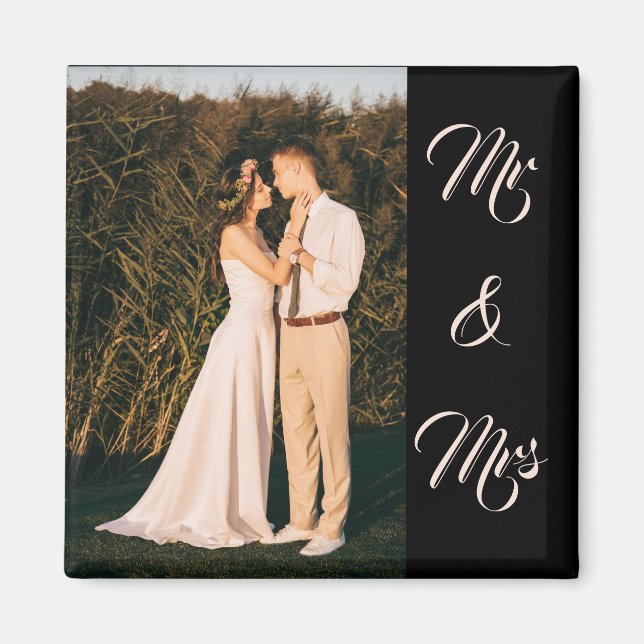 Black Modern Elegant Mr & Mrs Couple Photo Magnet (Front)