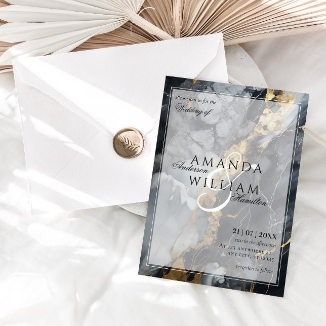 Black Modern Elegant Names Script Abstract Wedding Invitation (Creator Uploaded)