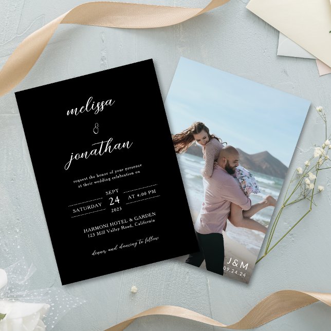 Black Modern Elegant Photo Script Monogram Wedding Invitation (Creator Uploaded)