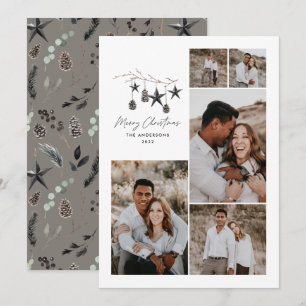 Black modern elegant script Christmas multi photo Holiday Card