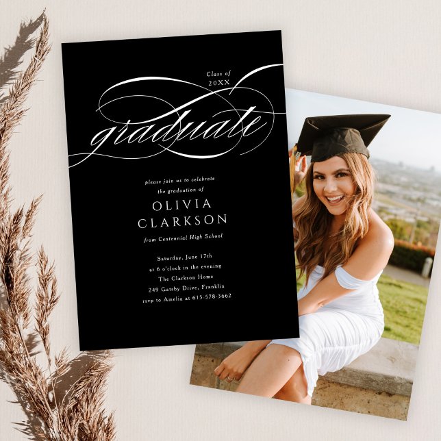 Black Modern Elegant Script Photo Graduation Party Invitation (Creator Uploaded)