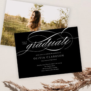 Black Modern Elegant Script Photo Graduation Party Invitation