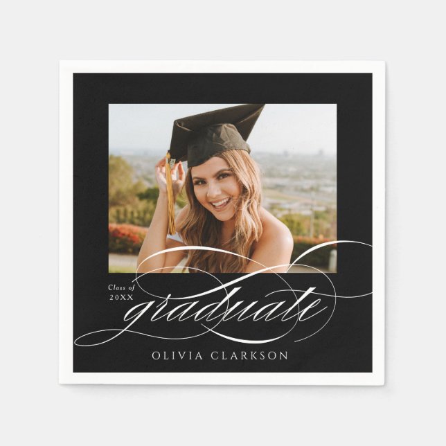 Black Modern Elegant Script Photo Graduation Party Napkin (Front)