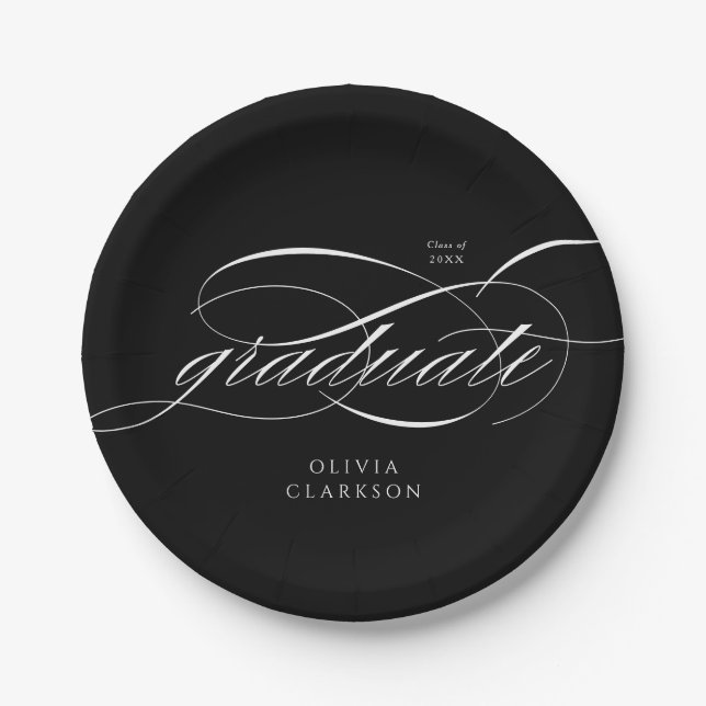 Black Modern Elegant Script Photo Graduation Party Paper Plate (Front)
