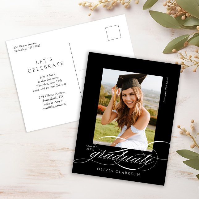 Black Modern Elegant Script Photo Graduation Party Postcard (Creator Uploaded)