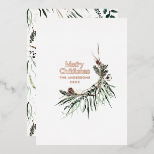 Black modern elegant watercolor botanical rustic foil holiday card
