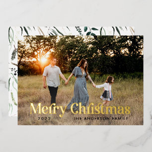 Black modern elegant watercolor botanical rustic h foil holiday card