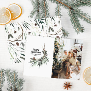 Black modern elegant watercolor botanical rustic holiday card