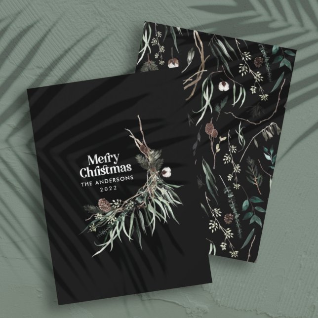 Black modern elegant watercolor botanical rustic holiday card (Creator Uploaded)
