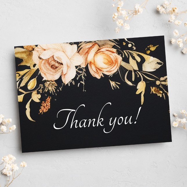 Black Modern Fall Floral Wedding Thank You Card (Black Modern Fall Floral Wedding Thank You Card)