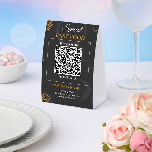 Black Modern Fast Food QR Code Pay Scan Table Tent (Insitu(Wedding))