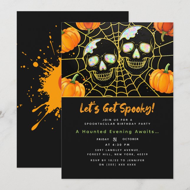 Black | Modern Faux Opal Halloween skulls Invitation (Front/Back)