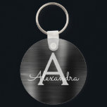 Black Modern Faux Stainless Steel Monogram Key Ring<br><div class="desc">Modern and Elegant Black Faux Stainless Steel Metallic Elegant Keychain. These Keychains can be customised to include your initial and first name. These key chains make great birthday,  bridal shower or bachelorette party favours.</div>