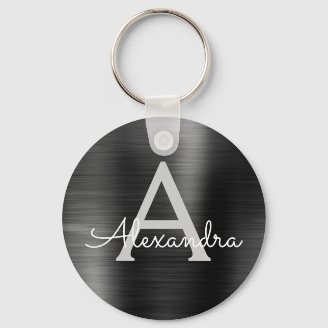 Black Modern Faux Stainless Steel Monogram Key Ring (Front)
