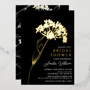 Black Modern Floral Bridal Shower Foil Invitation