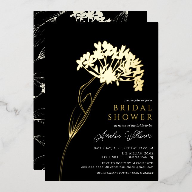 Black Modern Floral Bridal Shower Foil Invitation (Front/Back)