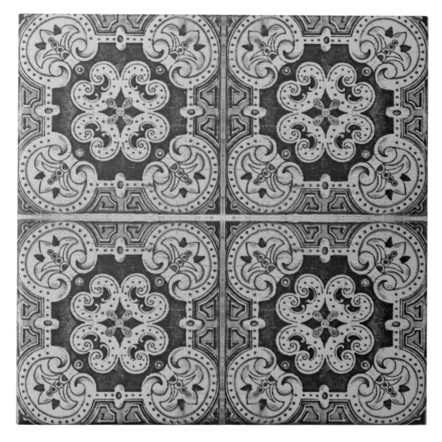 Black Modern Floral Portuguese azulejos decorative Tile (Front)