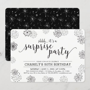 Black Modern Floral Surprise 50th Birthday Party Invitation