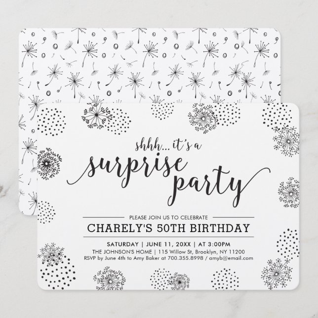 Black | Modern Floral Surprise 50th Birthday Party Invitation (Front/Back)
