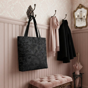 Black Modern Floral Velvet Tote Bag
