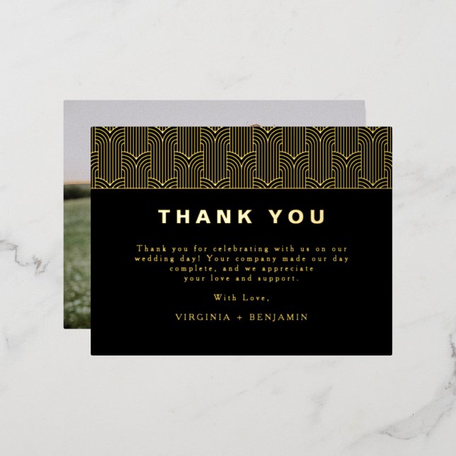 Black Modern Foil Photo Thank You Card (Front/Back)