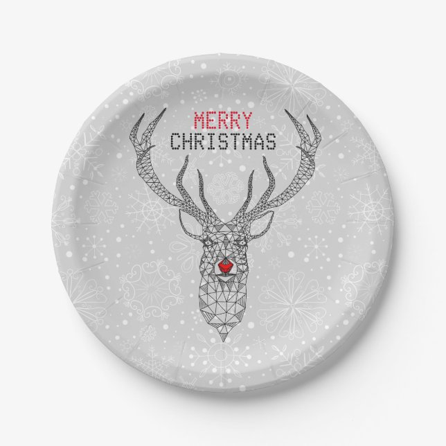Black Modern Geometric Christmas Deer Paper Plate (Front)